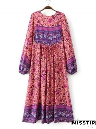 Women s Fashion Polyester Boho Tie Neck Long Sleeve Pleated Day Dress