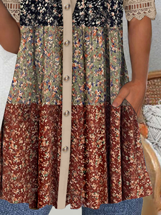 Women's Short Sleeve V-neck Graphic Lace Buttons Tops