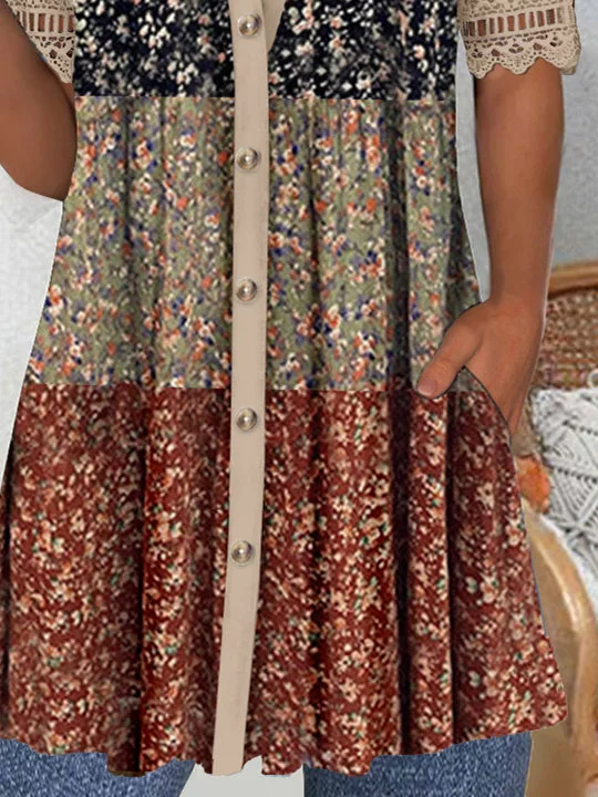 Women's Short Sleeve V-neck Graphic Lace Buttons Tops