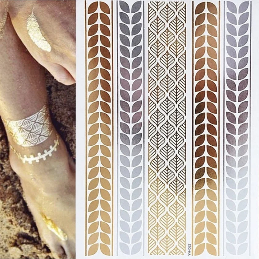 Women Body Art Gold Silver Metallic Tattoo Sticker Chain Bracelet Fake Jewelry Waterproof Temporary Tattoo Arm Sleeve Hand Wrist