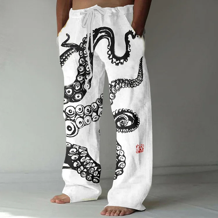 Japanese Art Octopus Legs Print Casual Linen Blend Pants