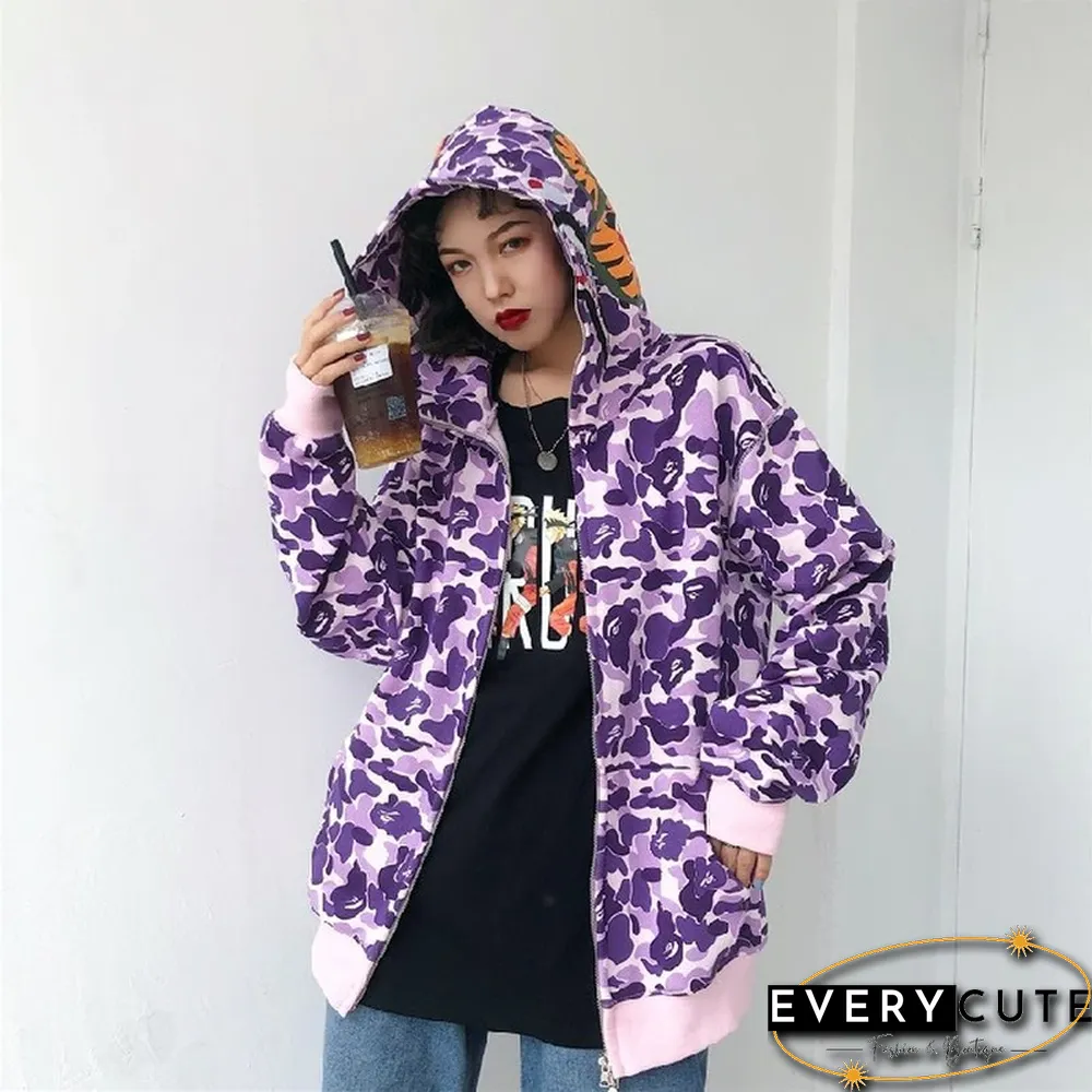 Autumn & Winter New Fashion Brand Camouflage Shark Head Couple Loose Hooded Coat Sweater