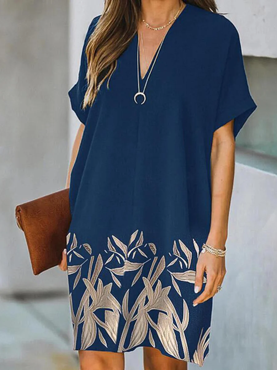 Loose V-Neck Short Sleeve Printed Dress