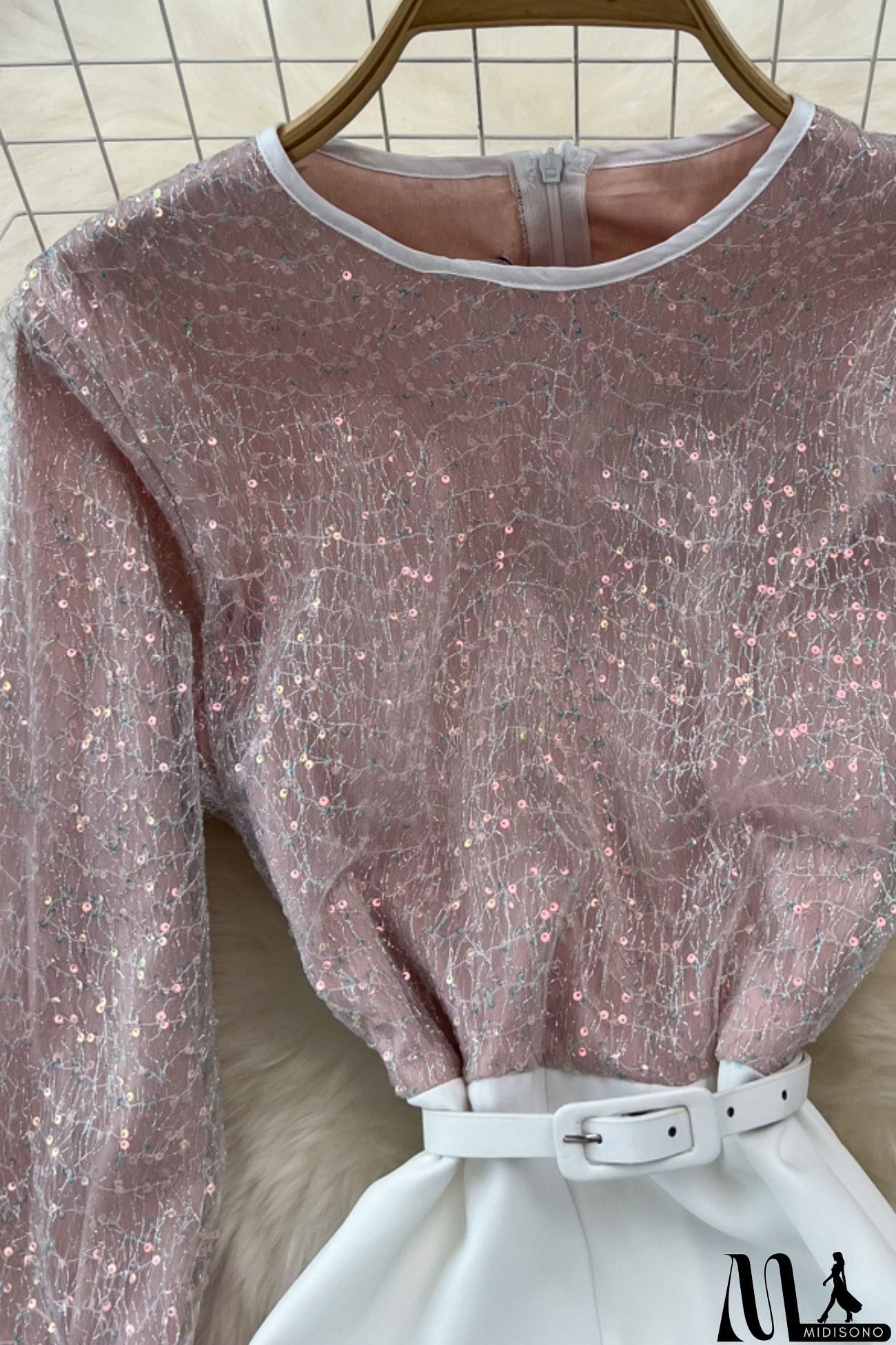 MidiSono - Fuzzy Sleeves Glitter Patchwork Jumpsuits