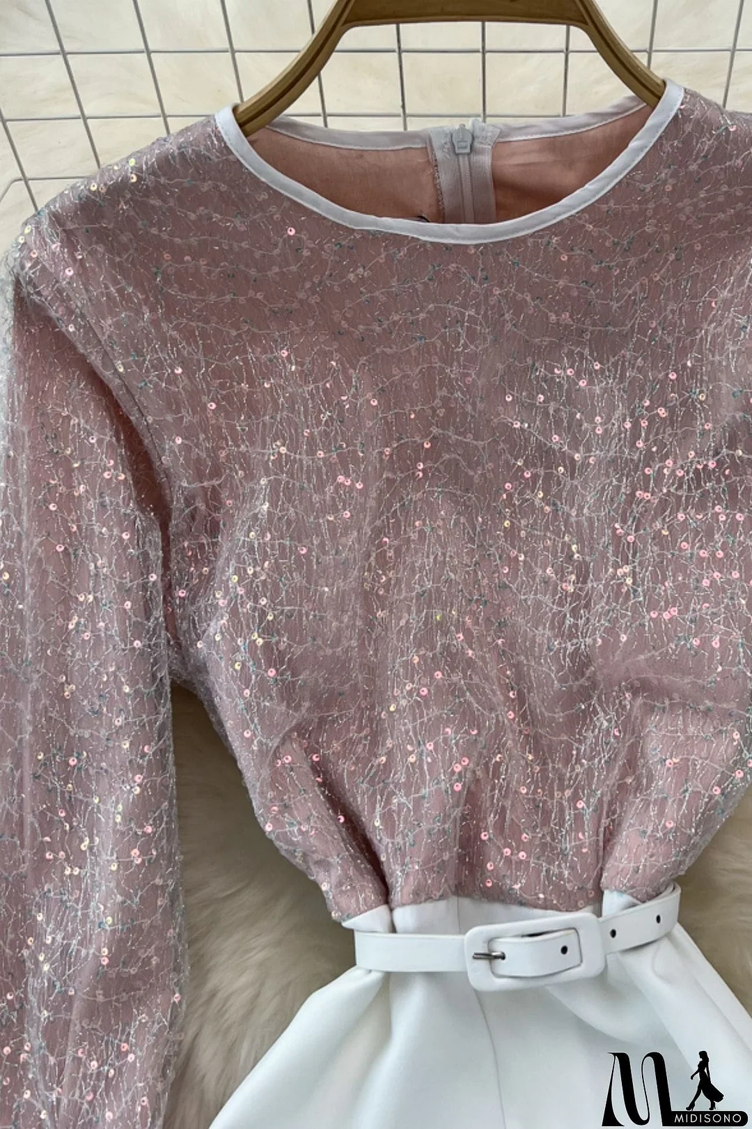 MidiSono - Fuzzy Sleeves Glitter Patchwork Jumpsuits