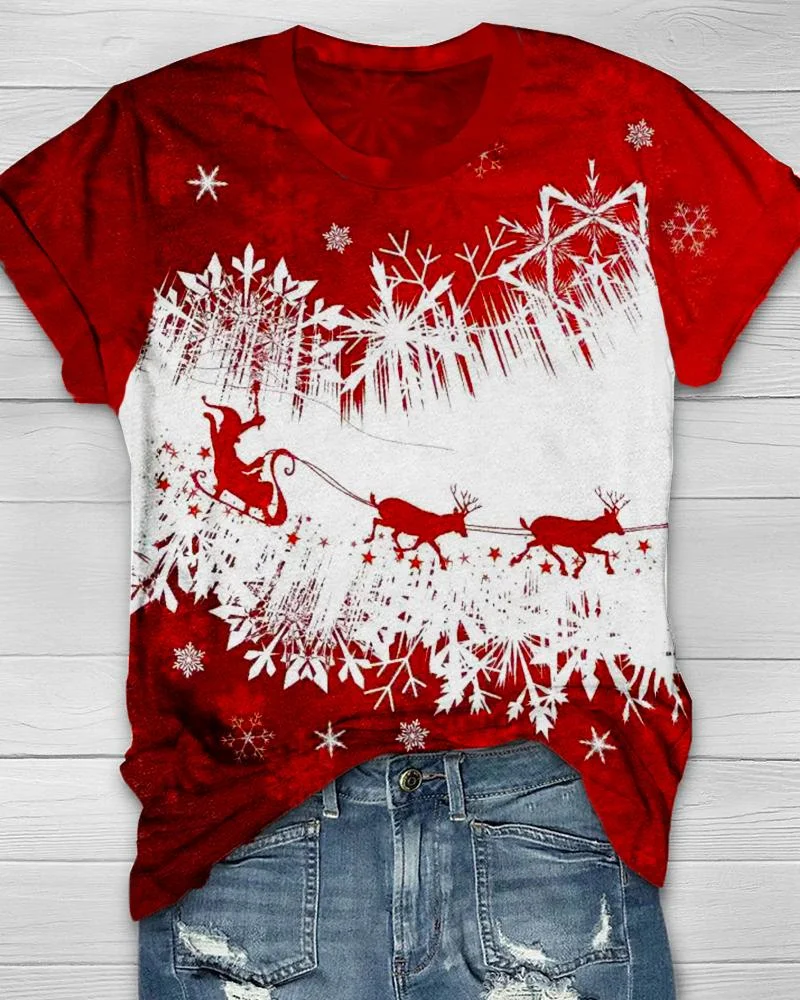 Christmas Elk Snowflake Print Red T-Shirt