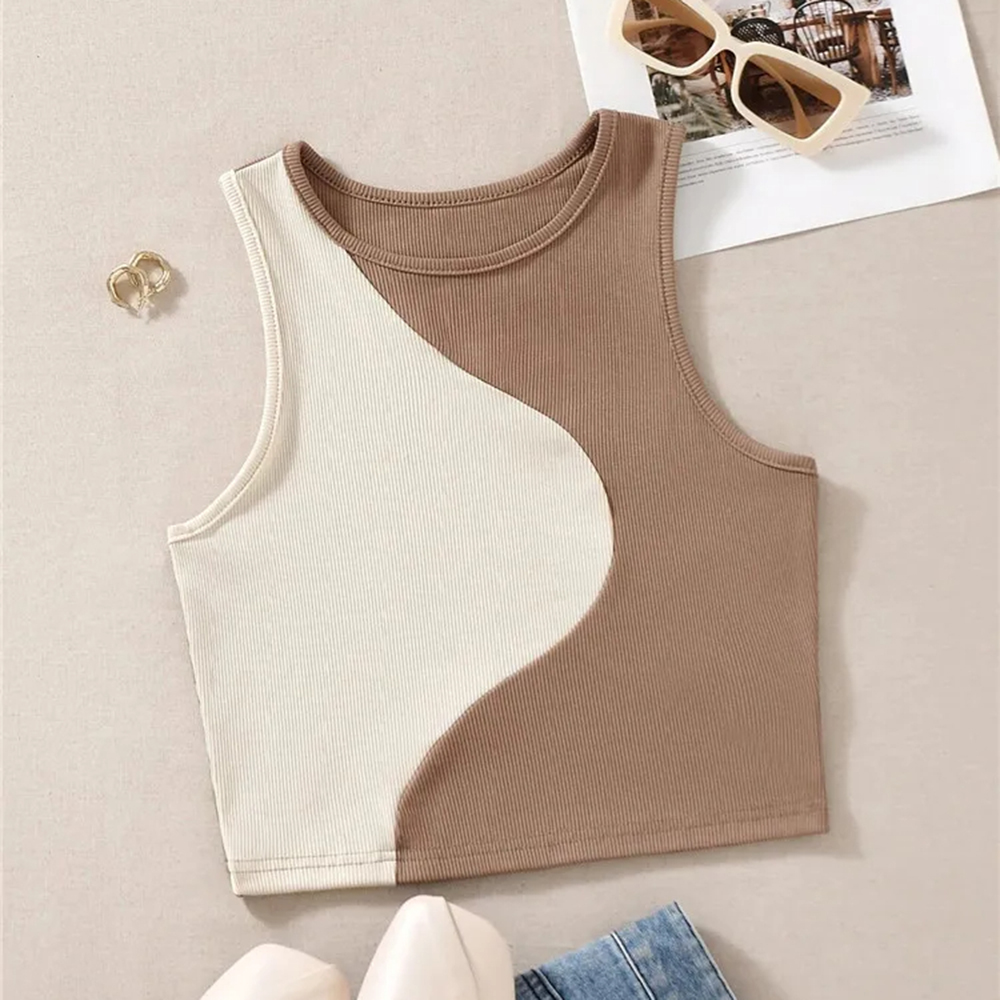 Myopiclunacy Women Sexy Solid Camis Crop Top Casual Tank Tops Vest Sleeveless Streetwear Patchwork Color T Shirt Navel Exposed Tees Summer