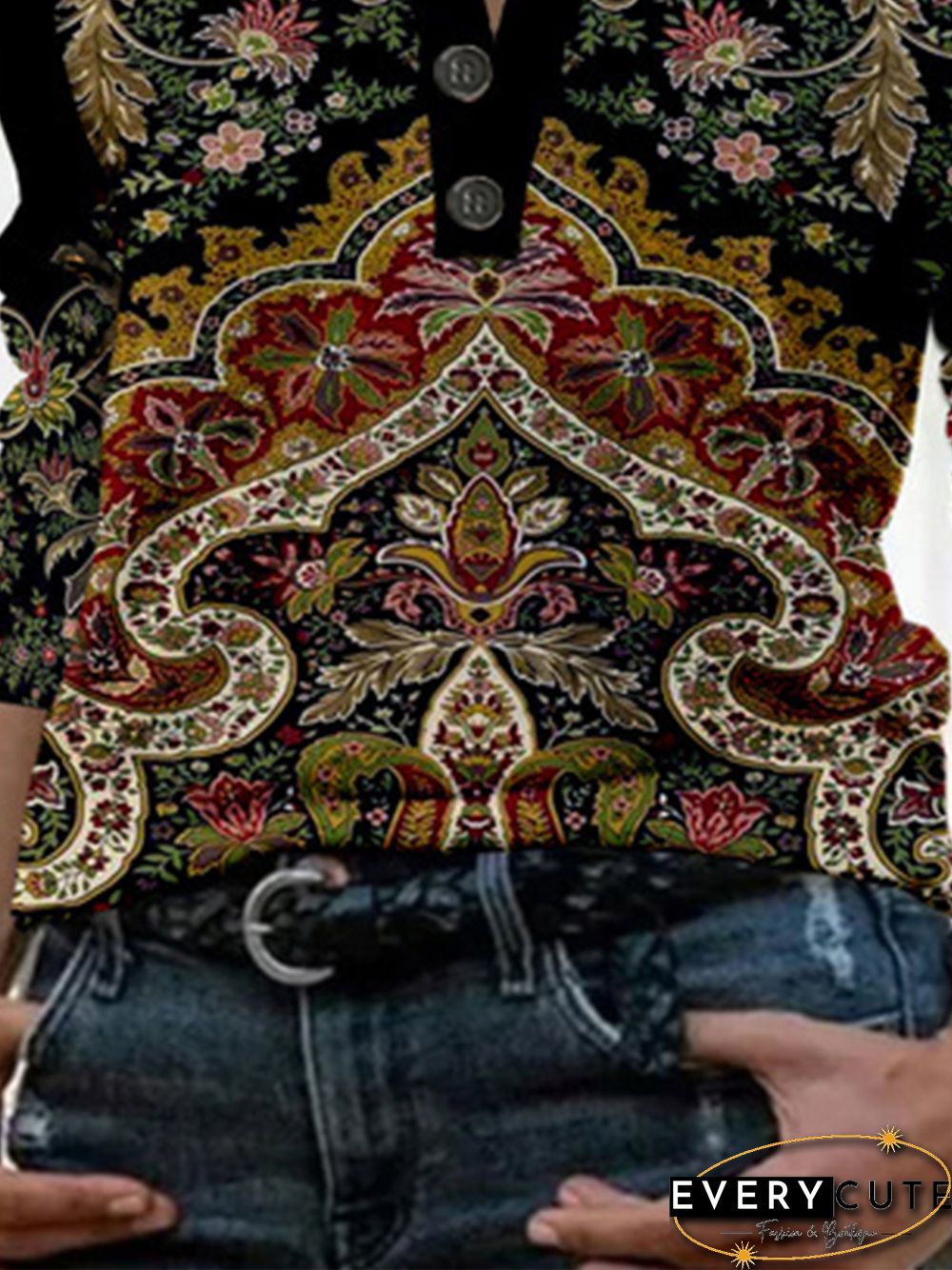 Paisley Printed Long Sleeve Polo Plus Size Casual Tops