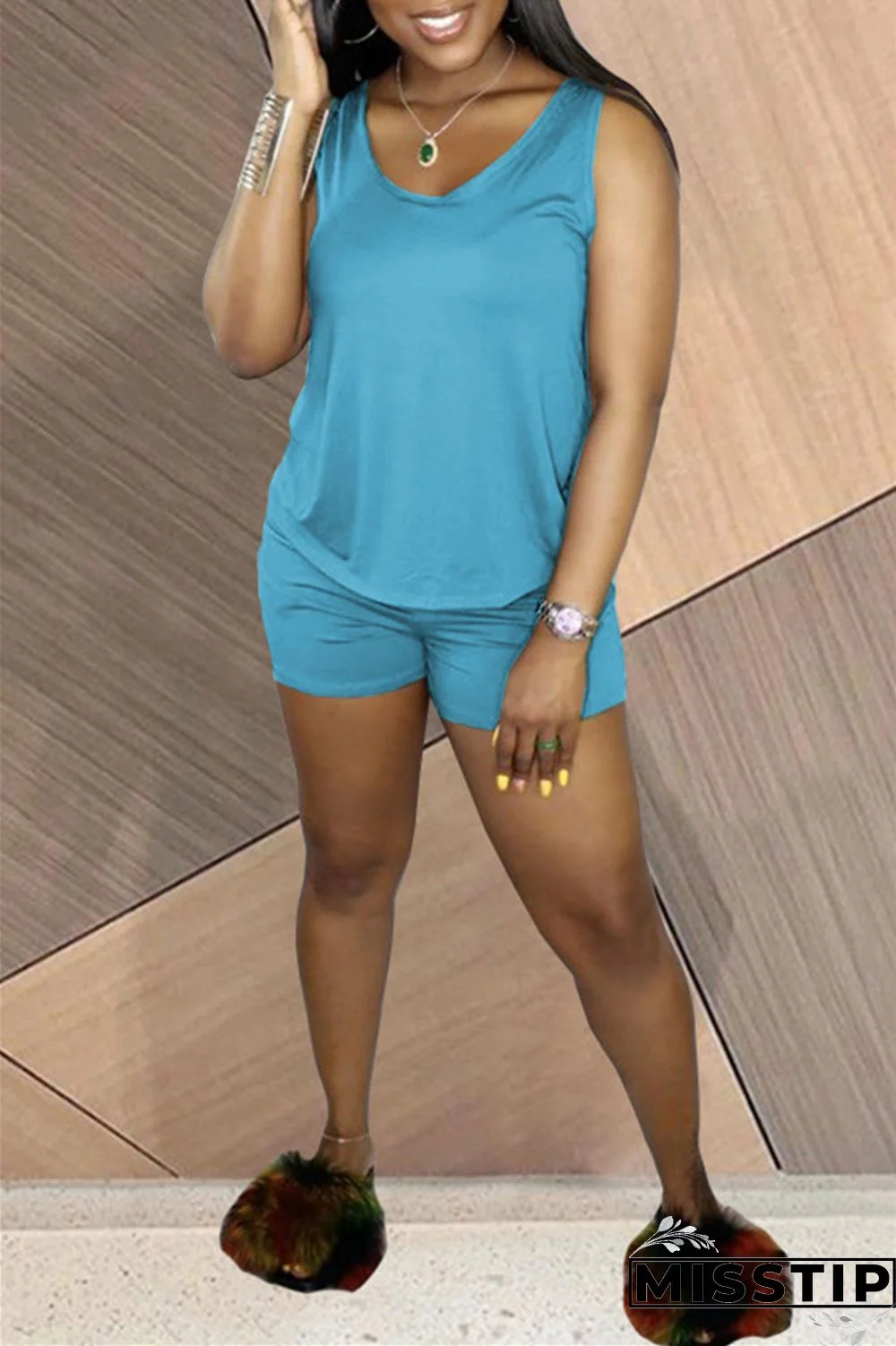 Army Green Fashion Casual Solid Basic U Neck Sleeveless Two Pieces