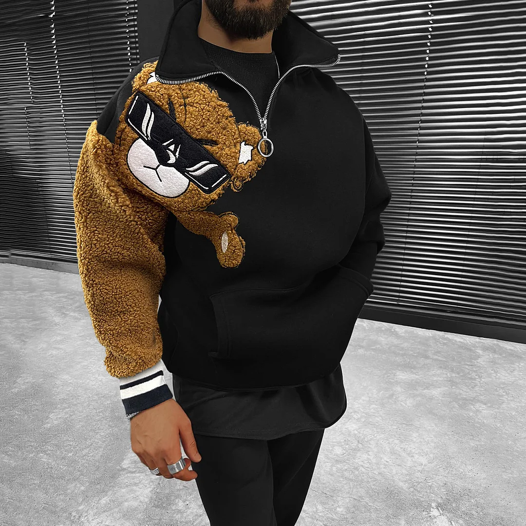 Teddy Bear Oversized Men's Half-zip Stand Collar Sweatshirt