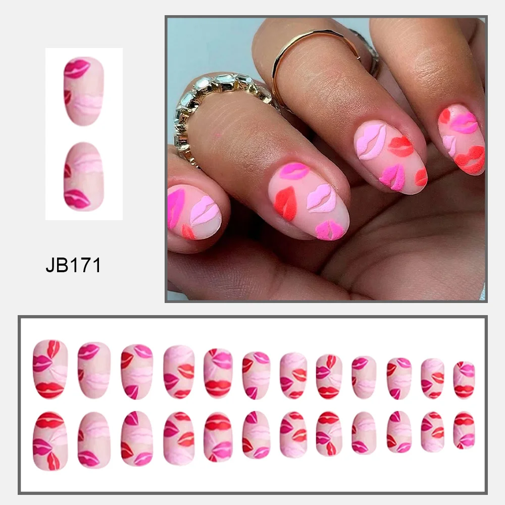 Churchf Churchf Valentine's Day Short Nail Fiery Red Pink Lip Print French Fake Nail Ins Wind Removable Nail