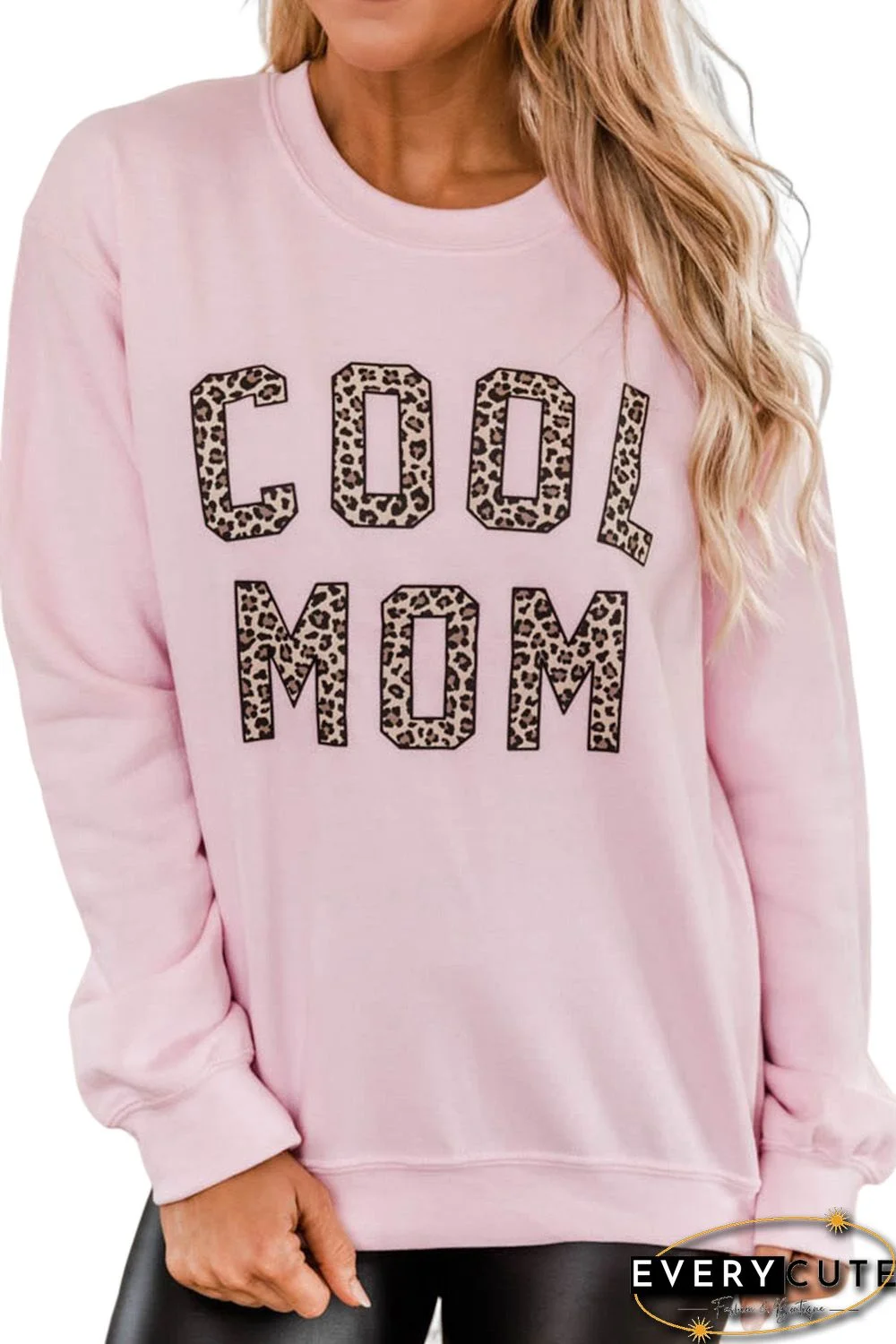 Pink COOL MOM Leopard Print Pullover Sweatshirt