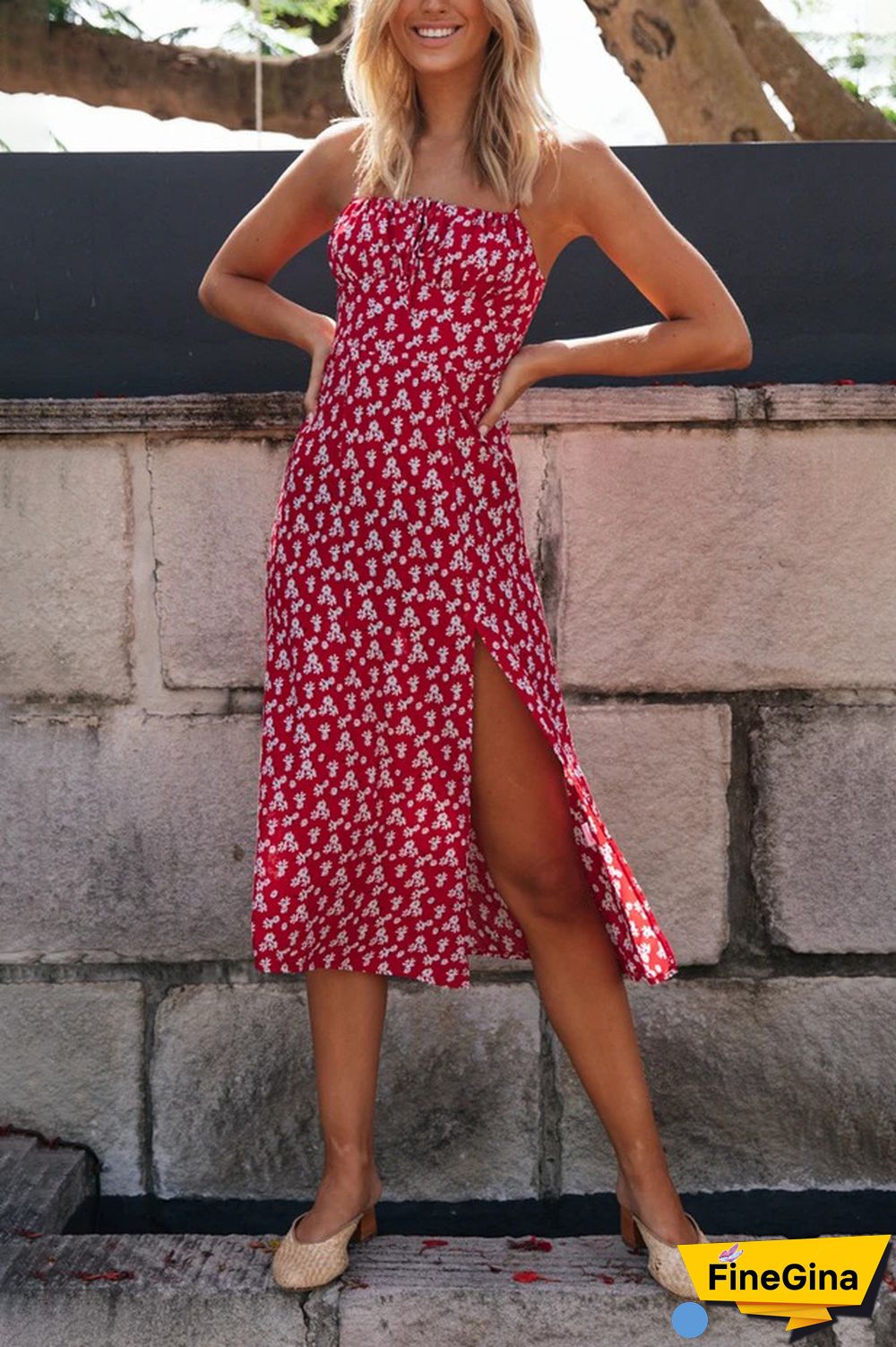 Floral Print V-Neck Short-Sleeved Lace Dress Wq36