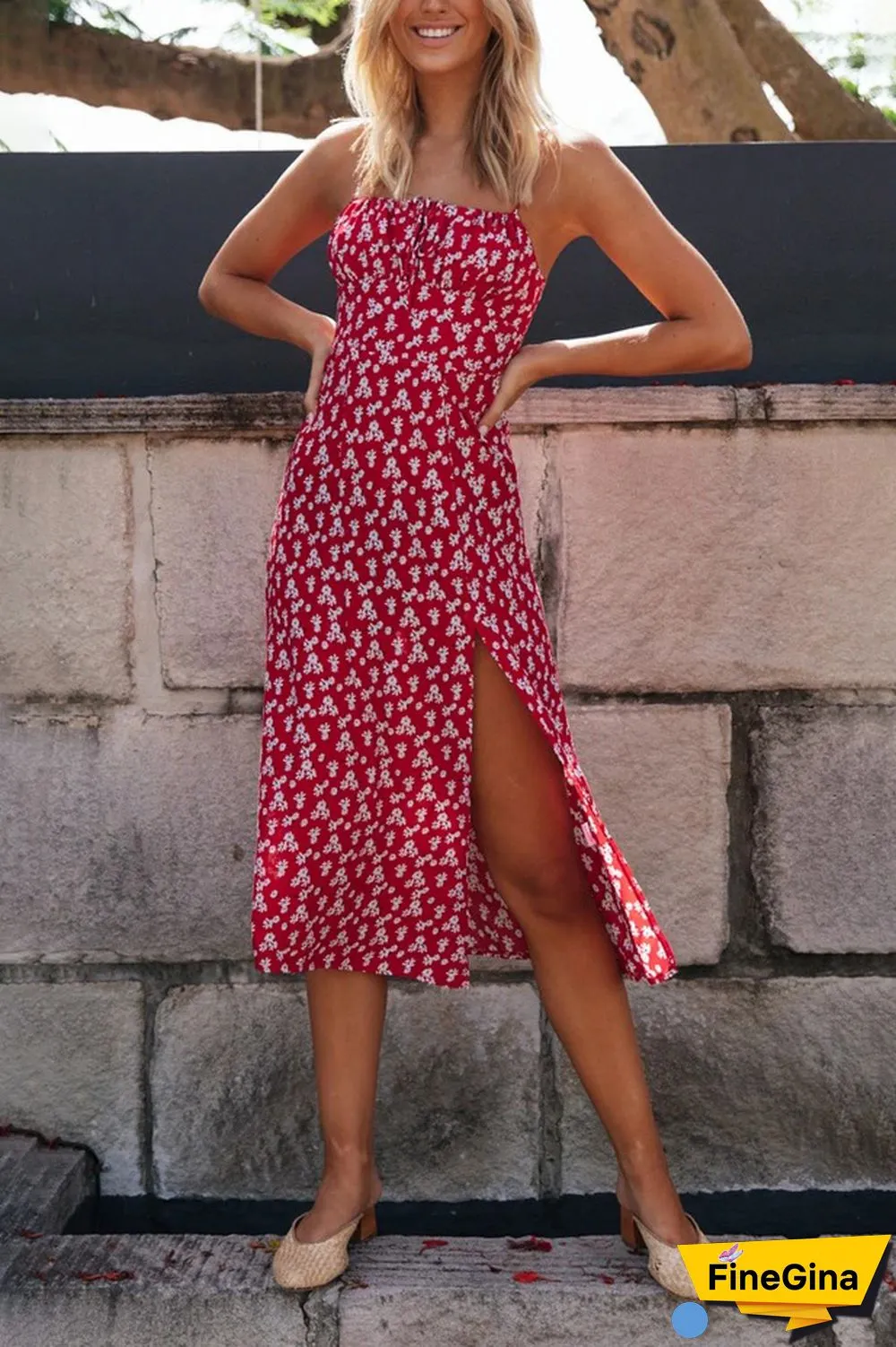 Floral Print V-Neck Short-Sleeved Lace Dress Wq36