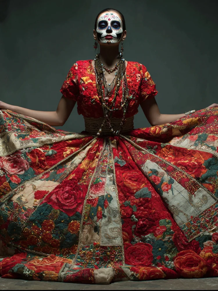 Mexican Day Of The Dead Floral Embroidery Sequin Short-sleeved Patchwork Dress