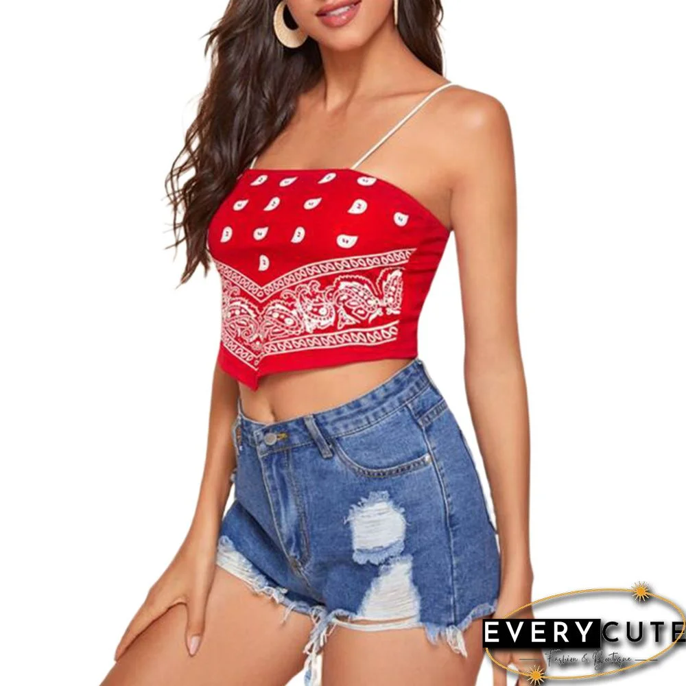 Summer Womens Sexy Cami Tank Top Casual Paisley Print Sleeveless Backless Bandana Camisole