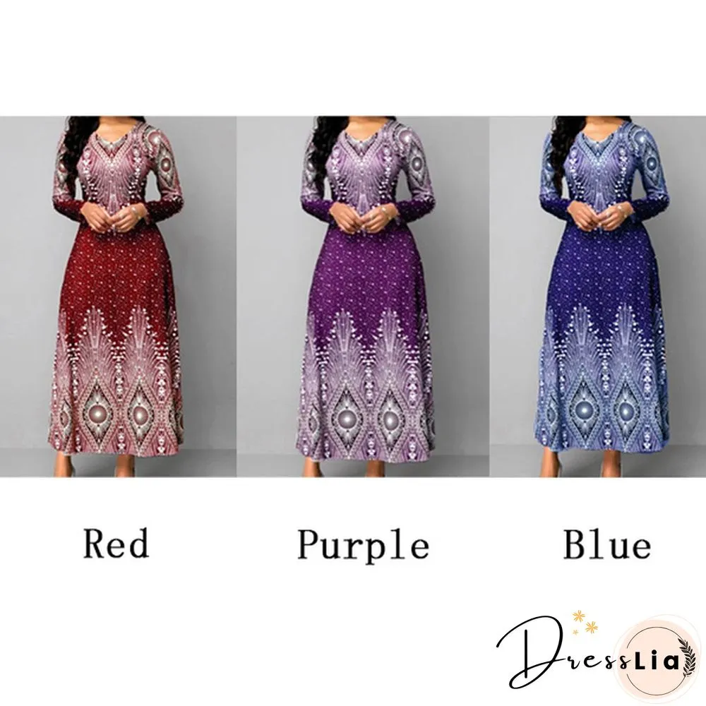 V-neck Retro Print Long-sleeved Dress Spring and Autumn Women's Clothing