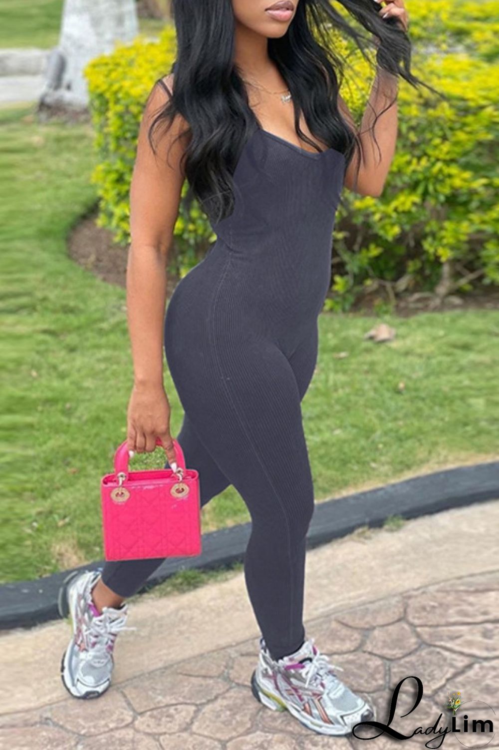 Grey Sexy Casual Sportswear Solid Backless Spaghetti Strap Skinny Jumpsuits