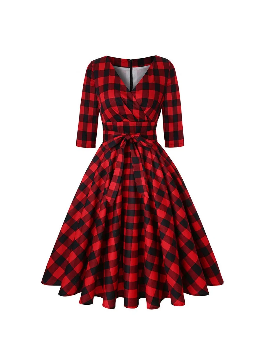 50s Dress Vintage Half Sleeve Plaid Print Big Swing Dress