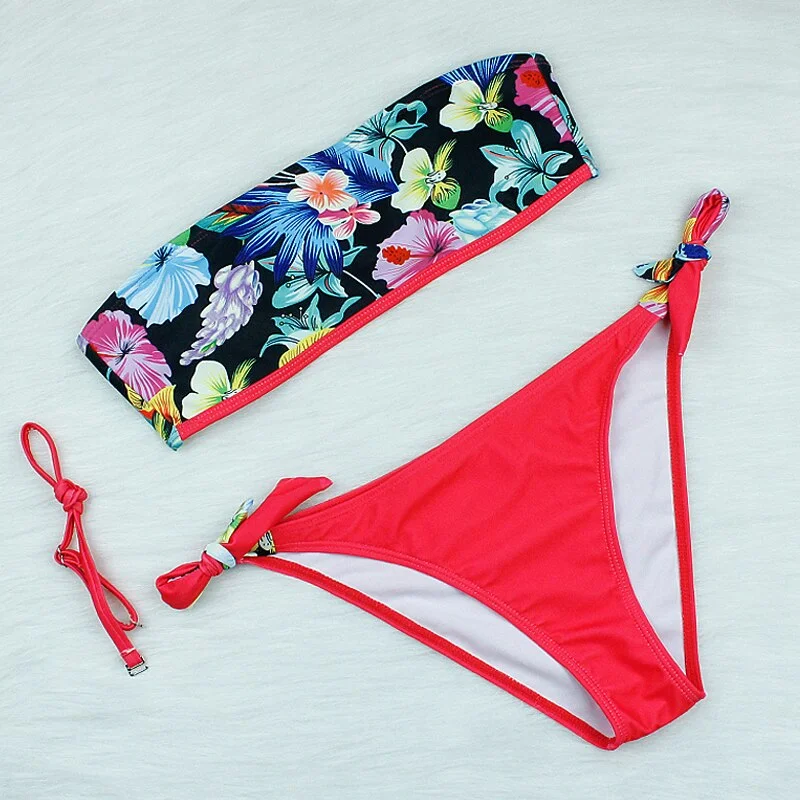 Sexy Bikini 2021 New Swimwear Women Floral Print Tube Top Swimsuit Bathing Suit Bikini Set Beachwear Biquini Summer Two Piece XL