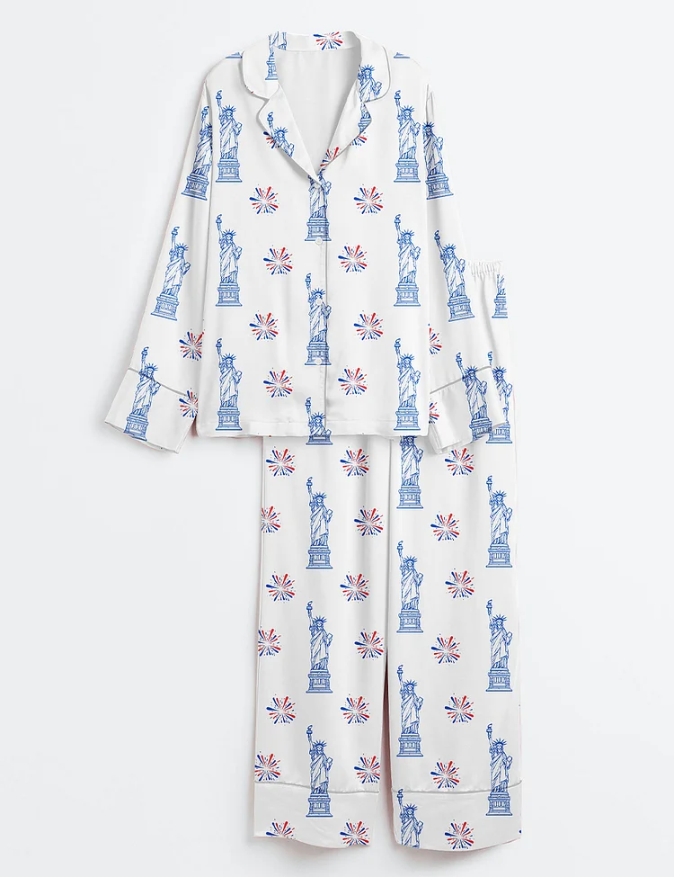 Women&rsquo;s Statue Of Liberty Patriotic Freedom 4th Of July Pledge Of Allegiance Liberty And Justice For All Print Long Sleeve Satin Pajama Set