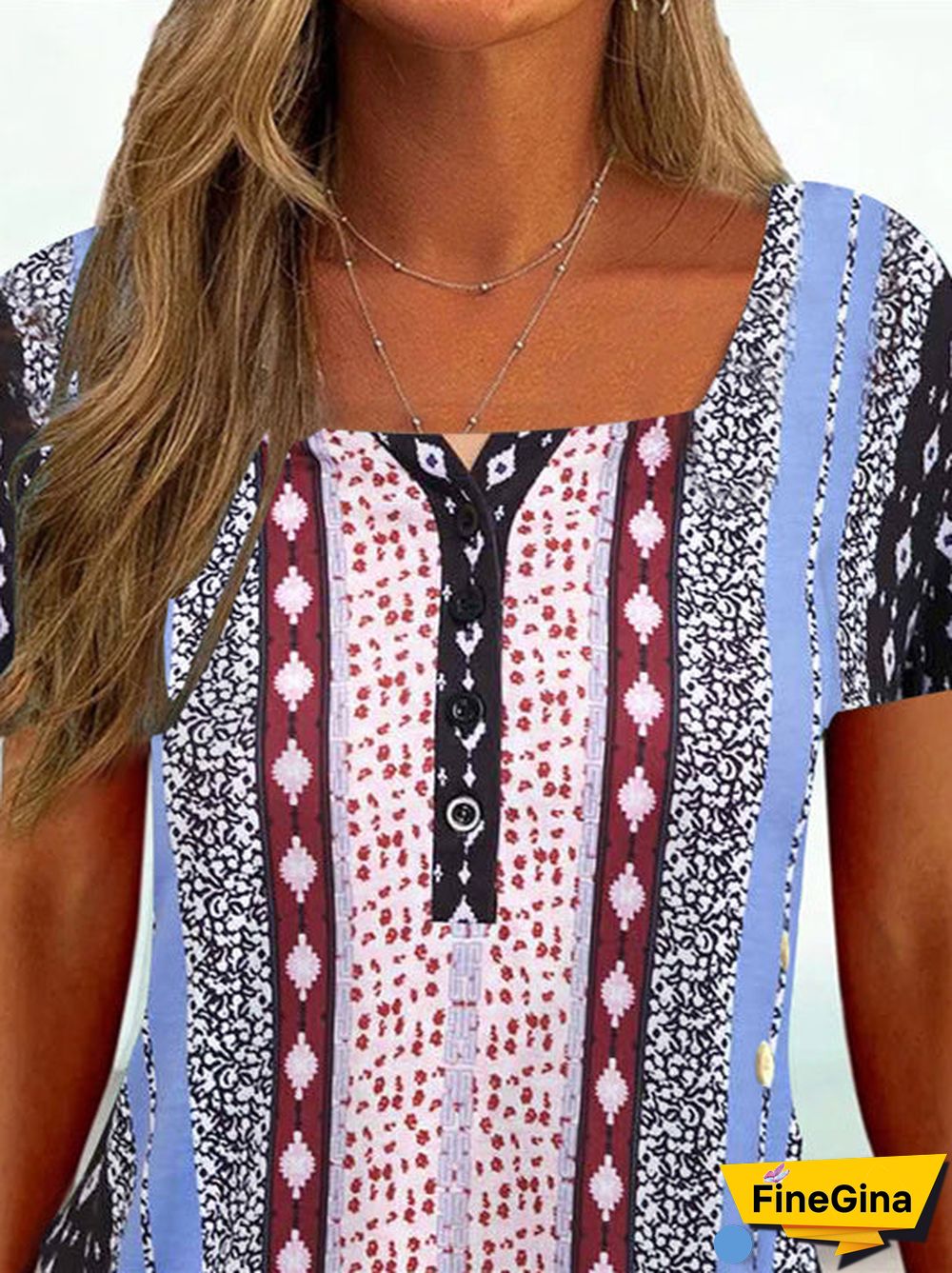Women Short Sleeve U-neck Graphic Printed Buttons Tops