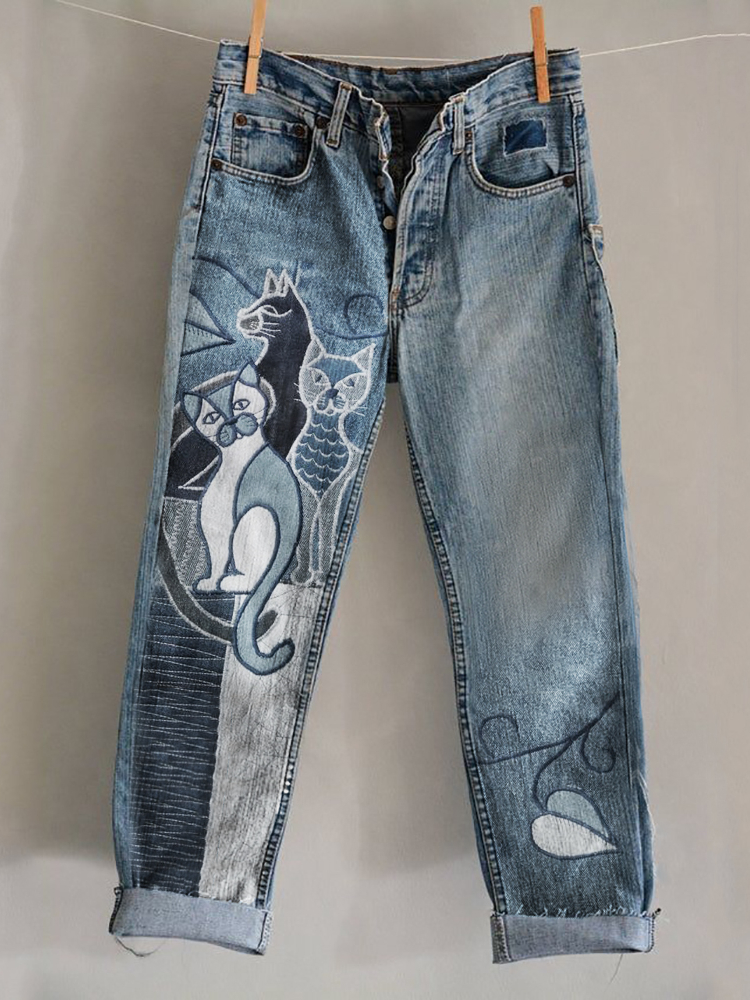 Cats Geometric Patchwork Art Embroidered Washed Jeans