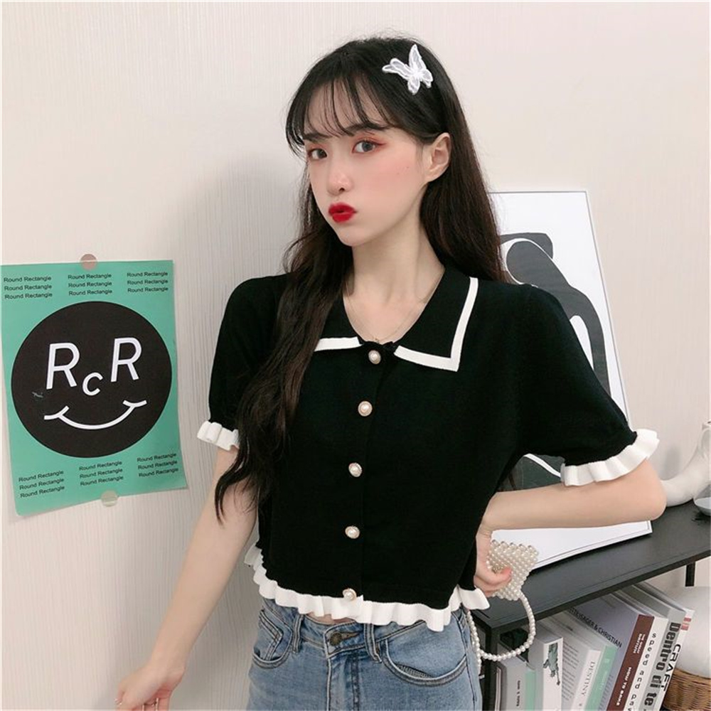 Standawon Blouses Women Design Button Ruffles Sweet All-match Korean Style Patchwork Tops Turn-down Collar Knitted Shirts Students Clothes