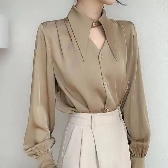 Aiertu Casual Shirts Women Fashion Romantic Solid Soft V-Neck Streetwear Spring All-match Hollow Out Retro European Style Simple Design aiertu
