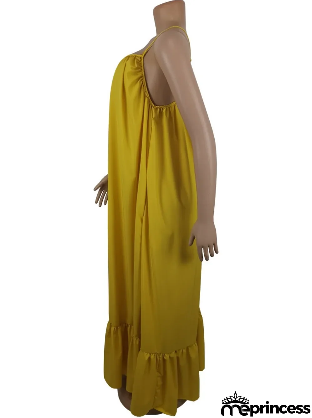 Women Summer Yellow Strap Solid Color Boho Swing Long Maxi Dress