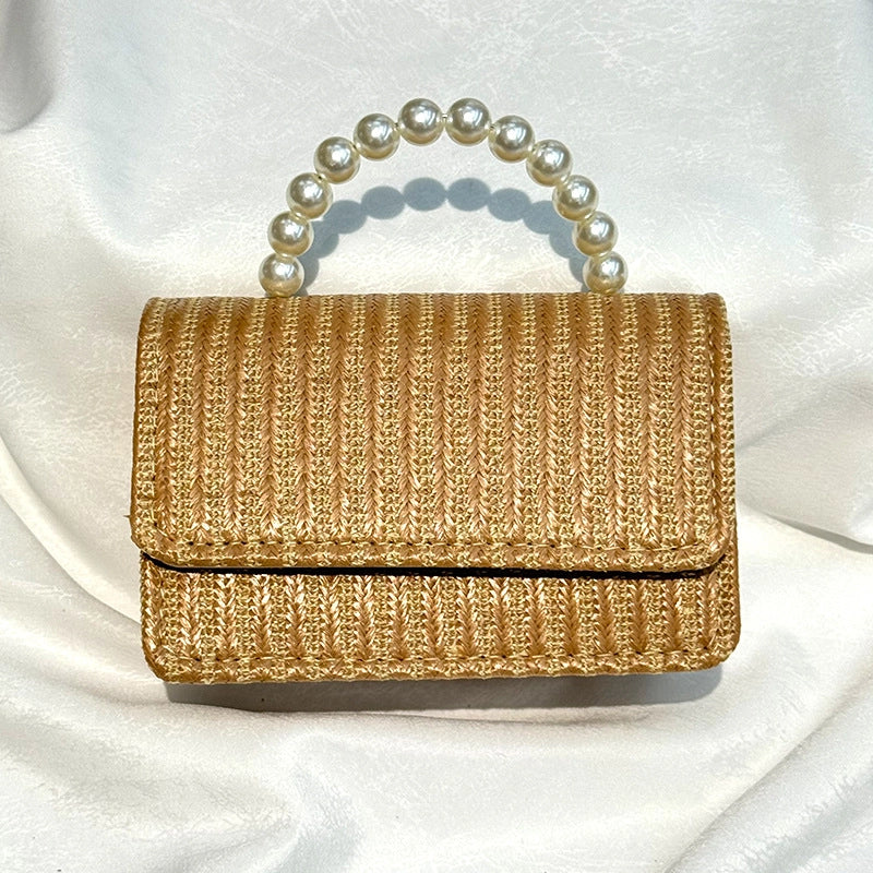 Women’s Straw Solid Color Vacation Beading Pearls Weave Square Magnetic Buckle Flip Cover Shoulder Bag Handbag Crossbody Bag