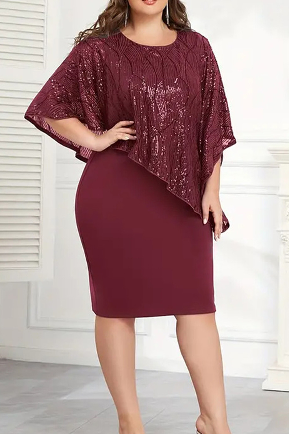 Plus Size Wedding Guest Burgundy Sequin Cape Sleeve Layered Bodycon Midi Dress 2024 - Flycurvy 
