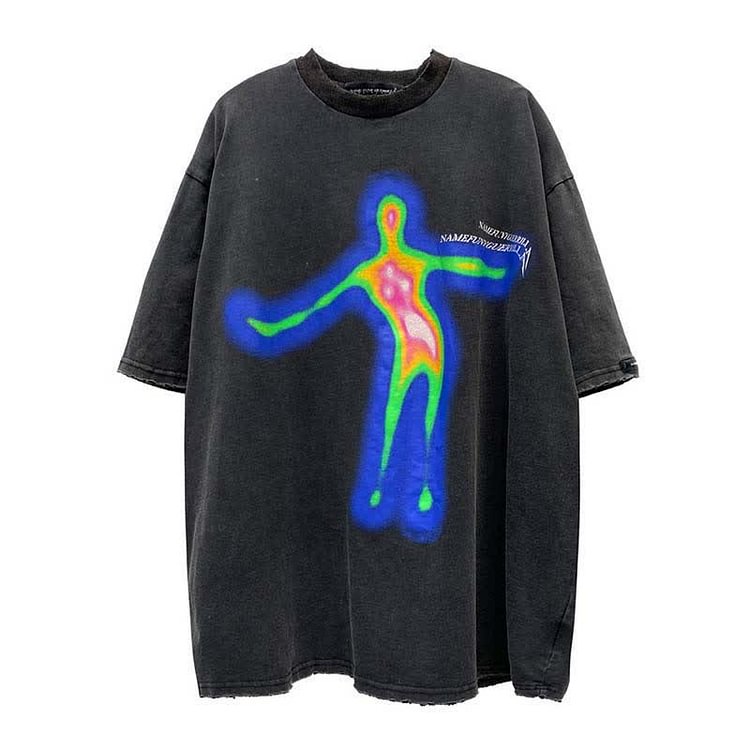 Abstract Skull Print Round Collar Retro T-Shirt  - Modakawa Modakawa