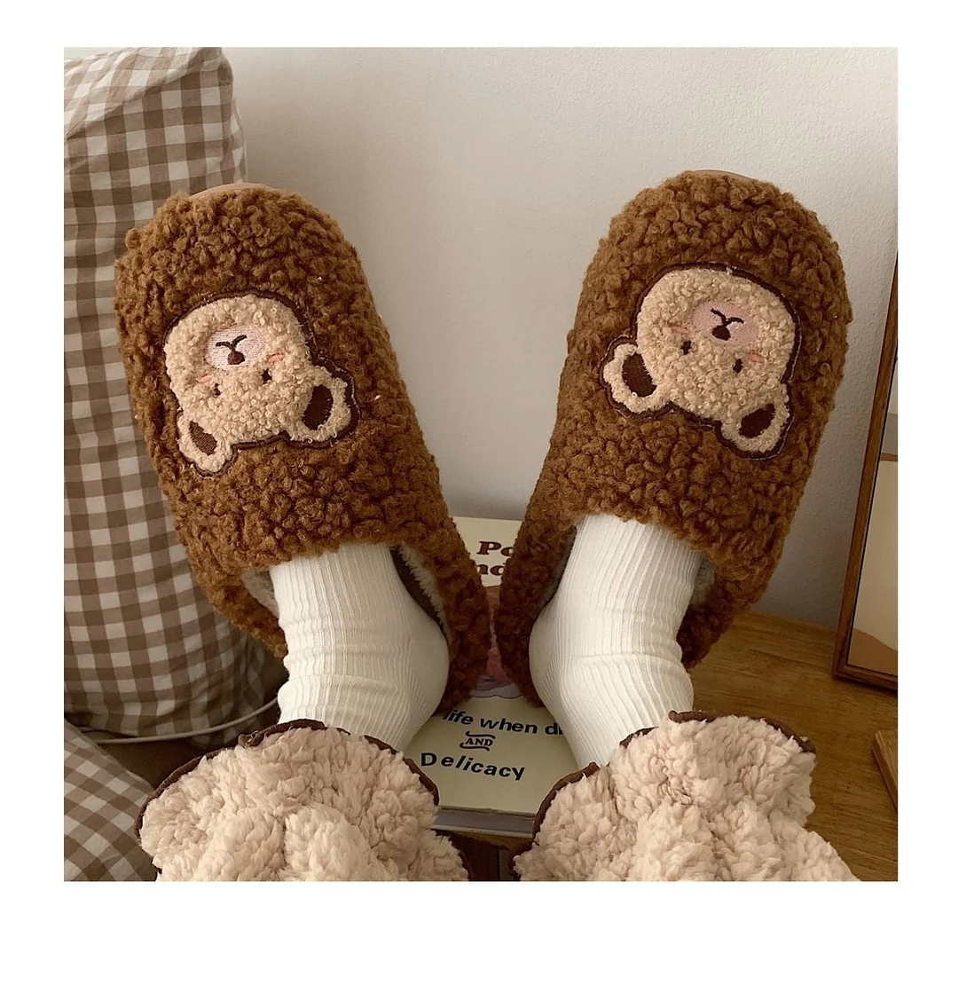 2022 Winter Women Slipper Lovely Bear Cartoon Plush Cotton Home Slippers Female Indoor Household Anti-Skid Thick Bottom Slipper