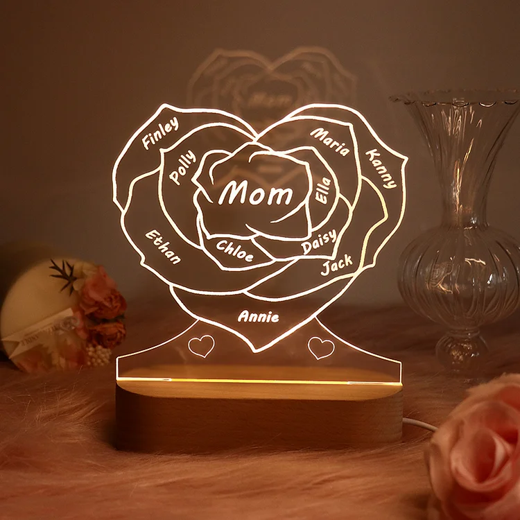 Personalized Heart Rose Night Light with Family Members' Names Lamp