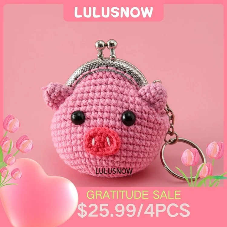 Lulusnow Handmade Pink Pig CARTOON Crochet Coin Purse Keychain Bag Pendant Gift for Her/Friend/Kids/Christmas/Easter