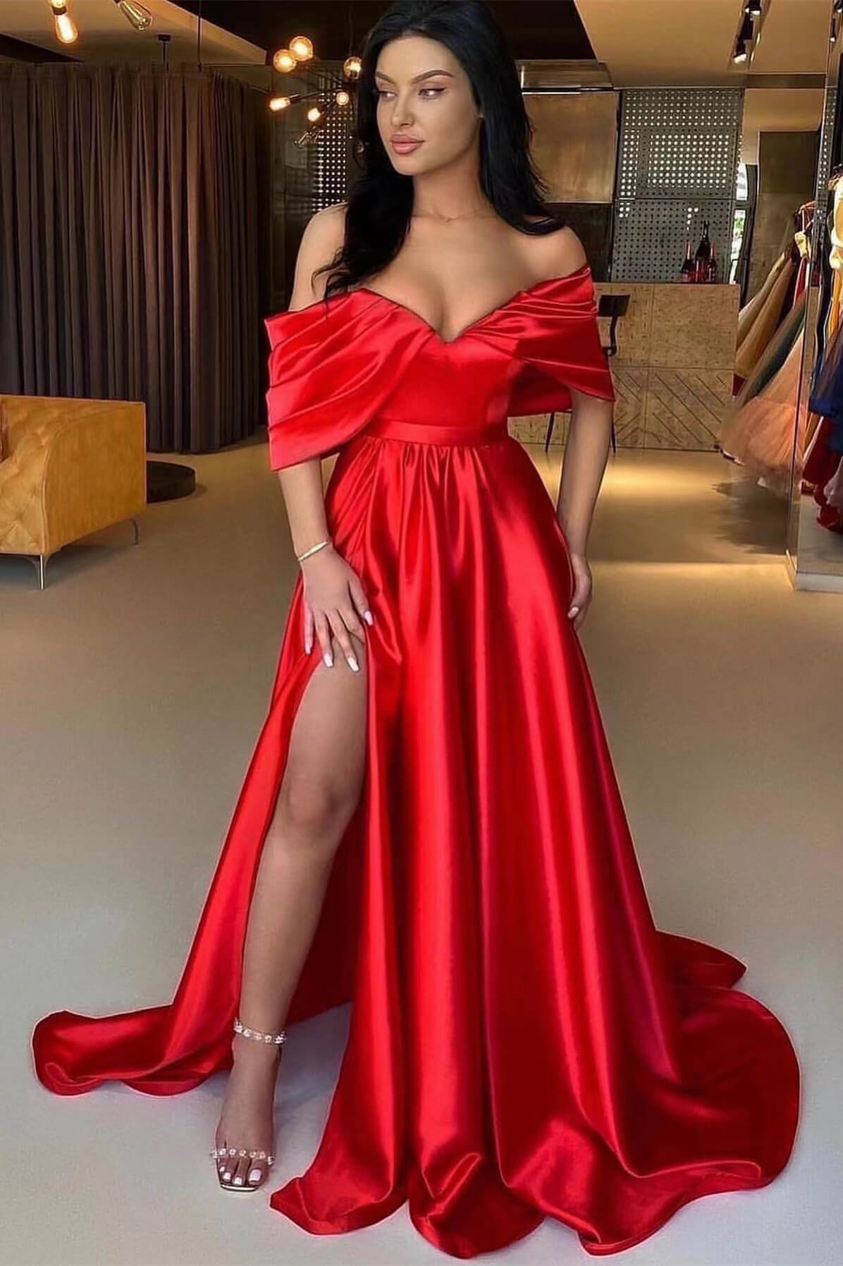 Oknass Red A Line Off The Shoulder Prom Dress Split