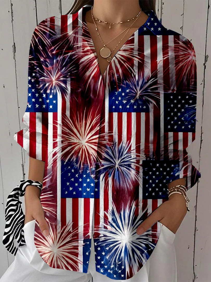 Women 3/4 Sleeve Shirt Collar National Flag Striped Printed Graphic Button Tops