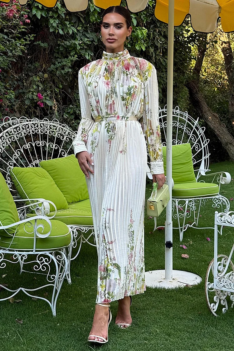 Floral Print Stand Collar Long Sleeve Pleated Maxi Dresses-White [Pre Order]