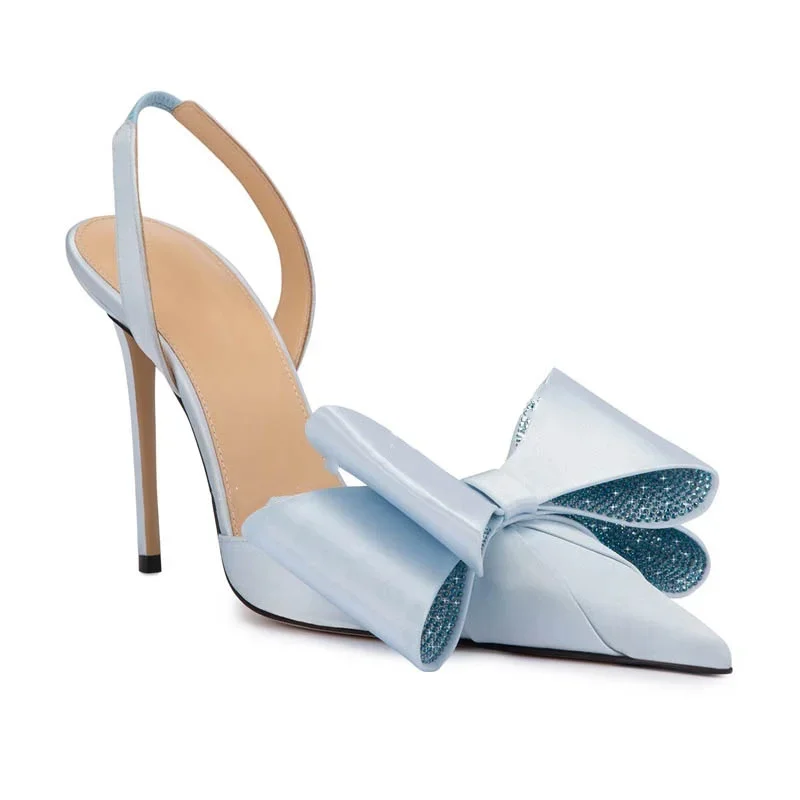 Yyvonne Yyvonne New Pointed Thin Heel Ultra High Heel Bow Rhinestone Head Large Size Hollow Rear Empty Sandals Woman