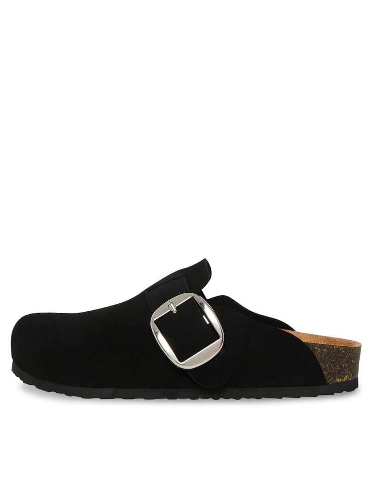 Black Buckle Faux Suede Mules Slippers Flats Flatform Clog