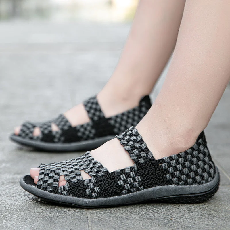 Women's Summer Woven Color Block Stretch Lightweight Flat Sandals