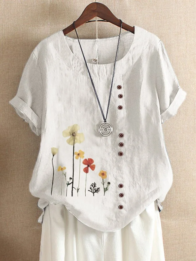Women's Vintage Cotton Linen Printed Loose T-shirt