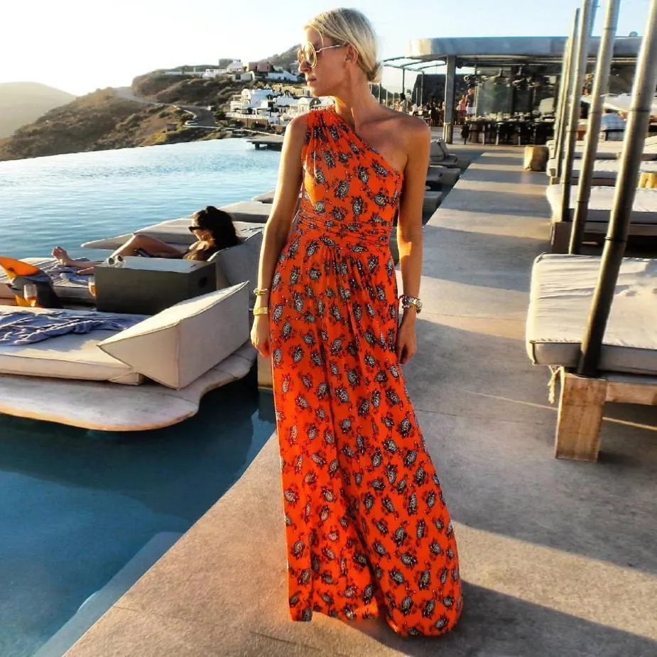 Fashion Floral Printed One Shoulder Maxi Dress-vocosishoes