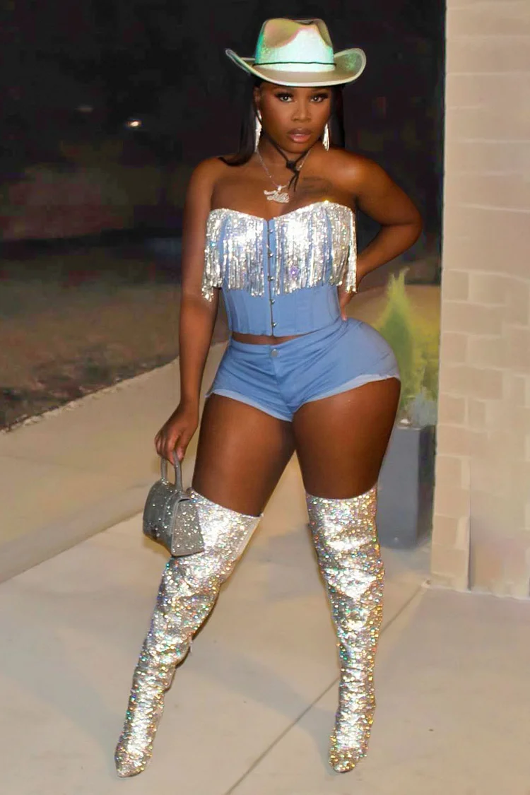 Metallic Fringe Tube Top Shorts Denim EDM Party 2pcs Set-Blue [Pre Order]