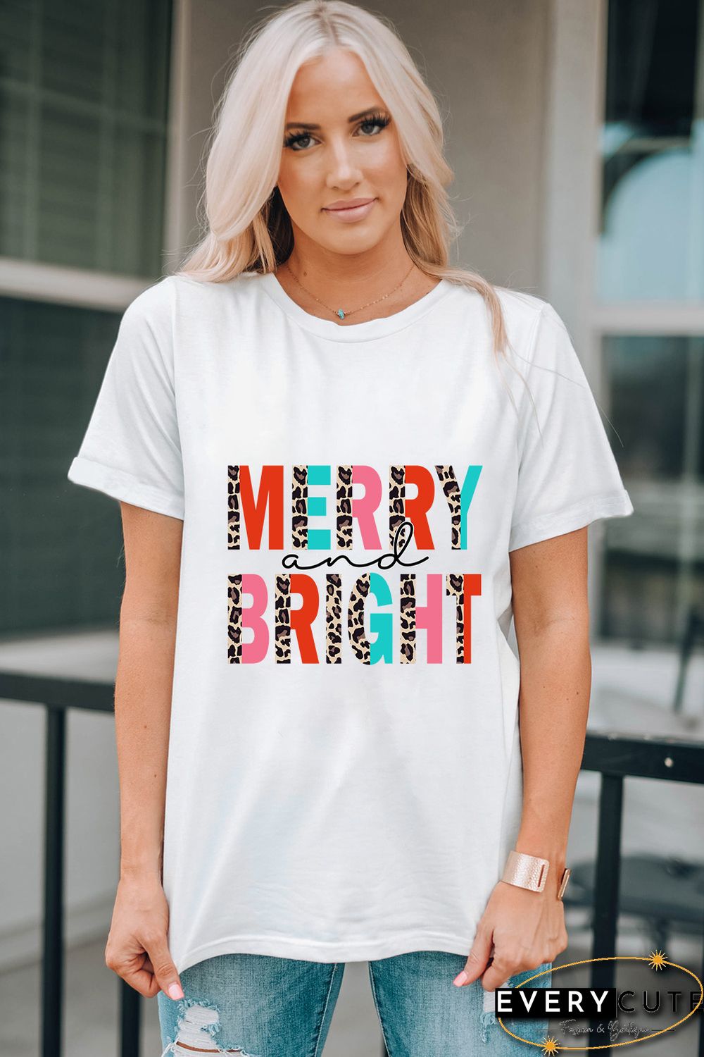 White Merry and Bright Leopard Print Short Sleeve Graphic Tee