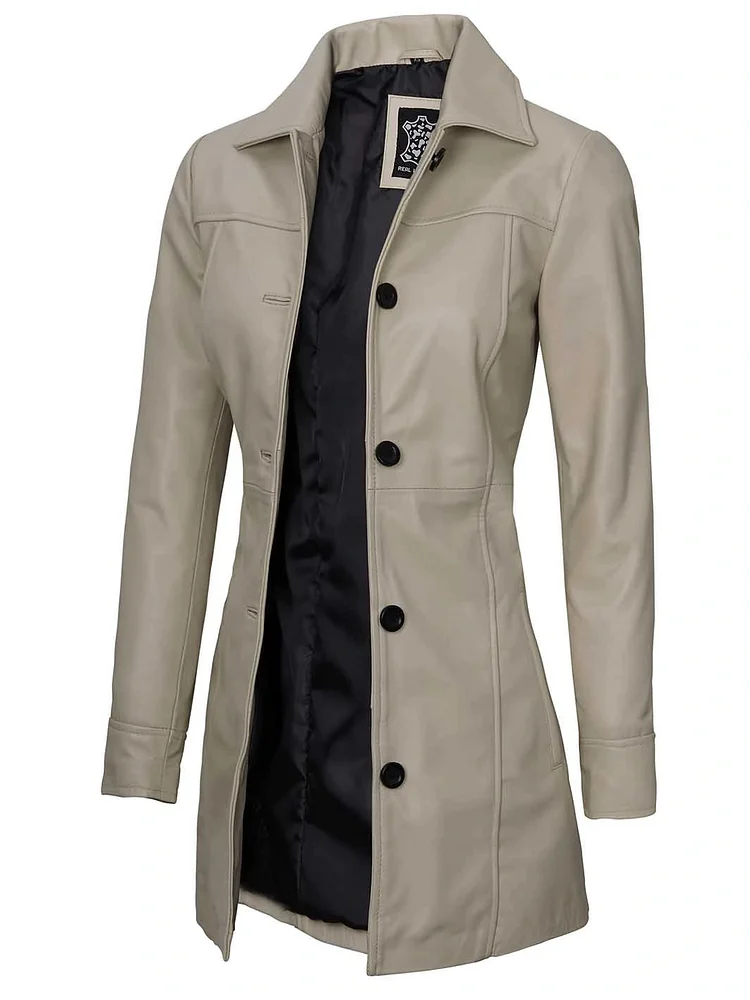 Kandis Women Beige Real Leather Car Coat QueenFunky
