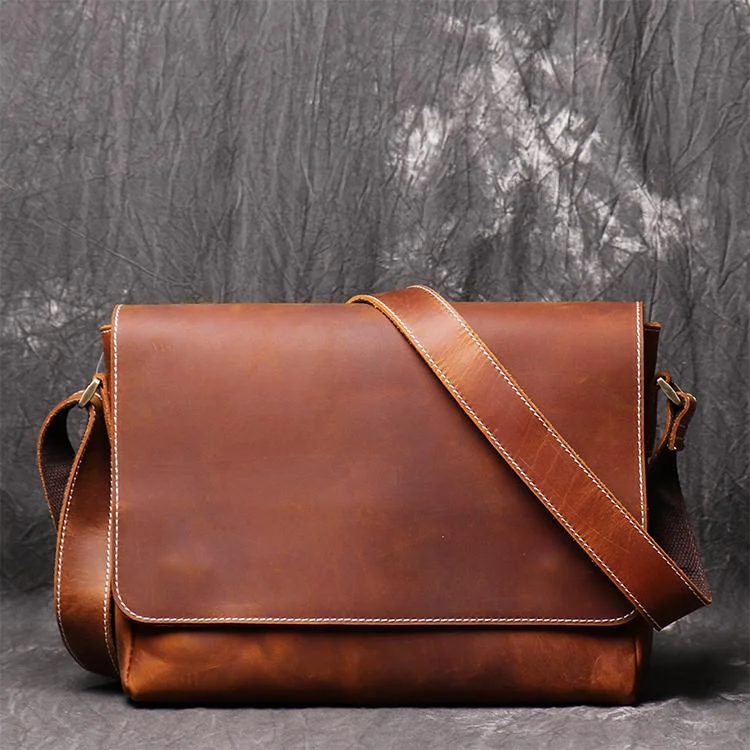 Vintage Style Mens Crazy Horse Leather Crossbody Bag Messenger Bag