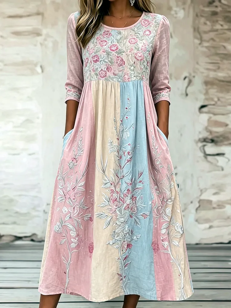 Women's Rose Floral Print Color Block Cotton Linen Comfortable Round Neck Dress