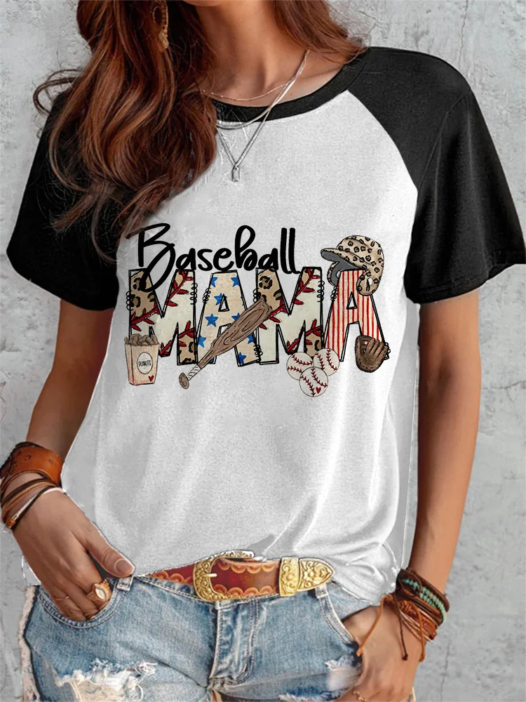 Baseball Mom Print Casual Cozy Crew Neck T-Shirt